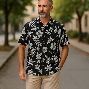 Men’s Tommy Bahama Silk Tropical Hawaiian Shirt L Gray Vacation Resortwear